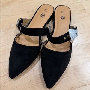 Amazon Black Pointed-Toe Suede Slingback Flats with Buckle